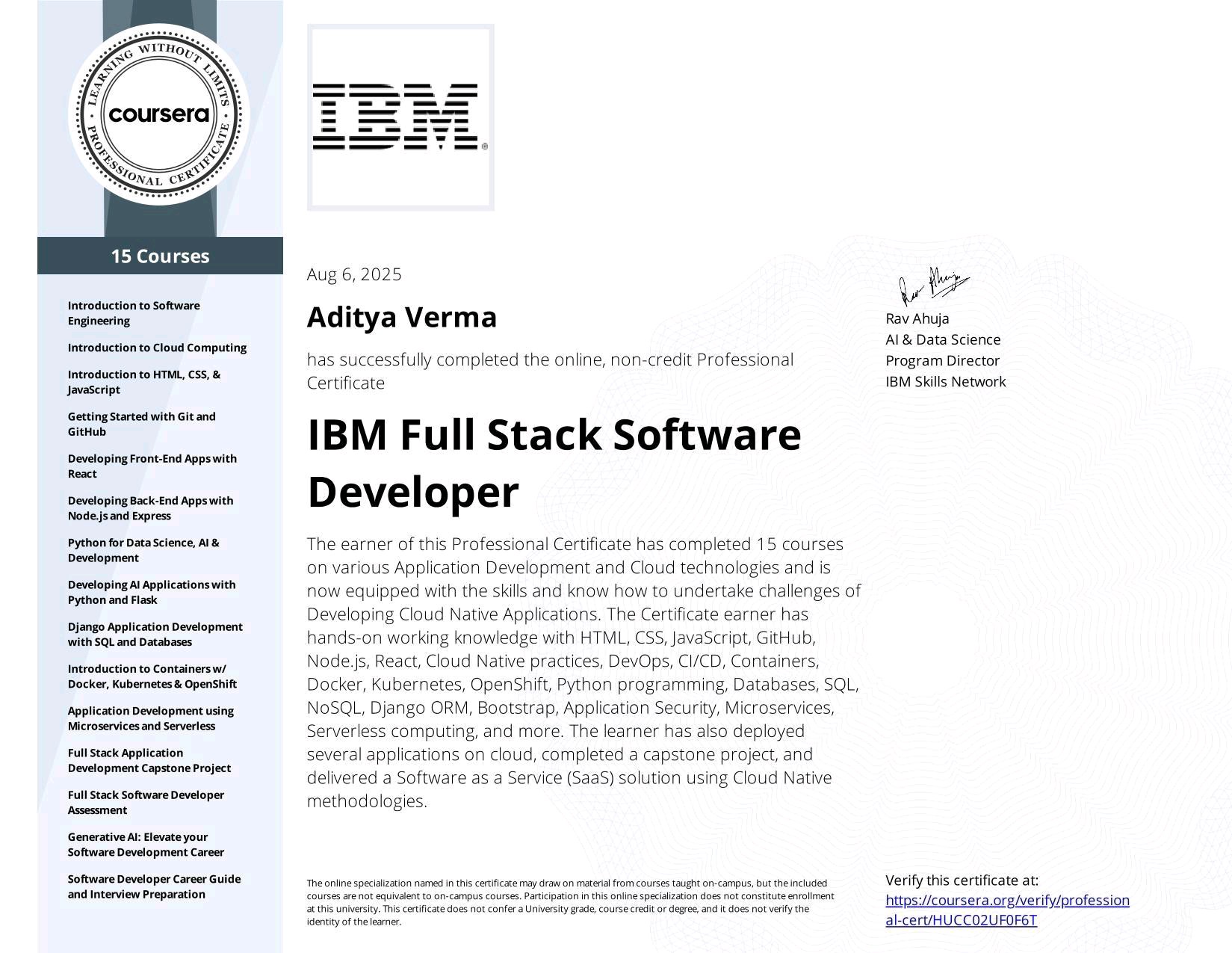 IBM Full Stack Software Developer Professional Certificate